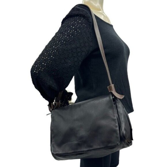 Francesco Biasia Handbags - Francesco Biasia Black Leather Shoulder Bag with Brown Strap